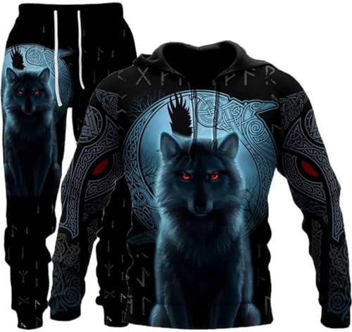 Herren Athletic 2 Stück 3D Löwe Tiger Wolf Trainingsanzug Casual Jogging Sweat Suit Set Hoodie Set (FWolf-6,3XL) von hiegi