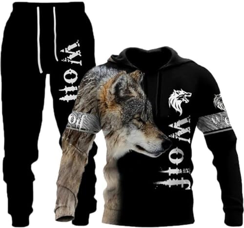 hiegi Herren Athletic 2 Stück 3D Löwe Tiger Wolf Trainingsanzug Casual Jogging Sweat Suit Set Hoodie Set (FWolf-8,XL) von hiegi