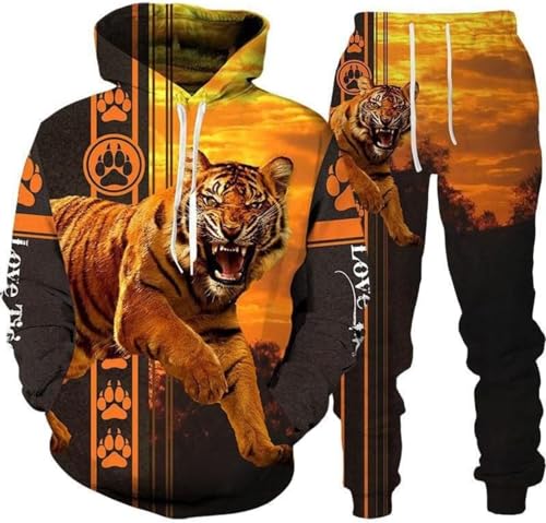hiegi Herren Lion Tiger Colour Jogging Anzug Trainingsanzug Sportanzug Fitness Sporthose Hose Hoodie (F-Tiger 2,2XL) von hiegi