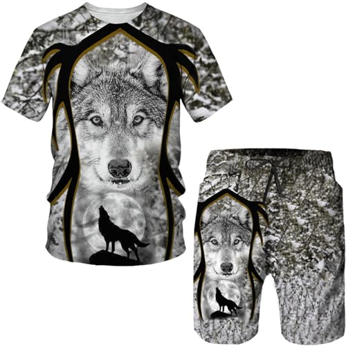 Herren Sommer Tier Wolf 3D gedruckte Kurzarm Shorts zweiteiliges Set von Herren T-Shirts und Strandhosen Set (F-Wolf-9,2XL) von hiegi