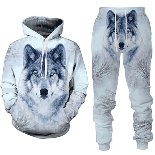 hiegi Weihnachten Wolf Herren Kapuzen + Hose Herren 3D Tier Wolf Trainingsanzug Jogginganzug Pullover Set (F-Wolf-10,2XL) von hiegi