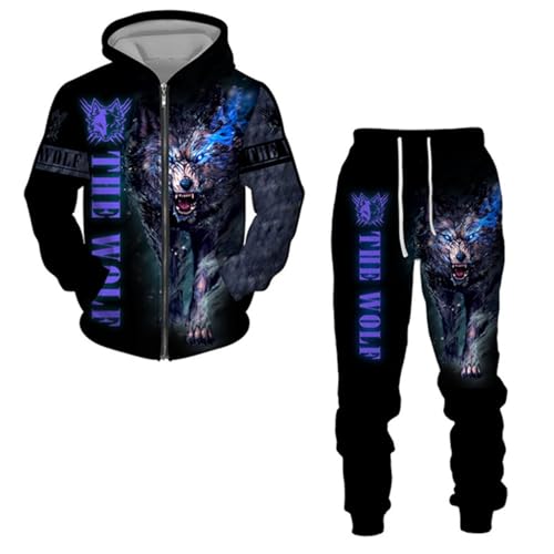 hiegi Weihnachten Wolf Pullover Anzug 3D Herren Reißverschluss Hoodies Jogger Set Leopard Hoodie (F-Wolf 2,2XL) von hiegi