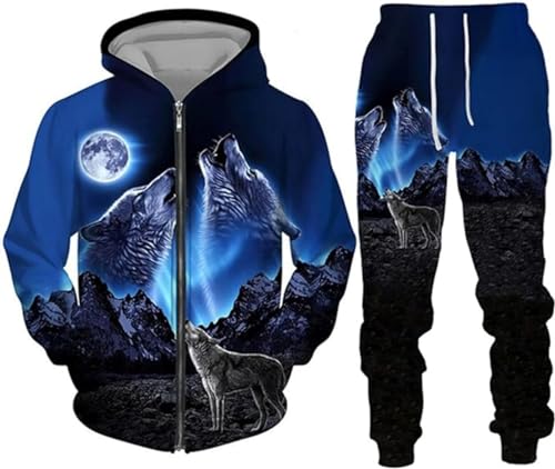 hiegi Wolf Jogginganzug Sportanzug Herren Kapuzenpullover Set 3D Wolf Kapuzenpullover + Jogginghose Männer Sweatshirt Hose (F-Wolf 1,2XL) von hiegi