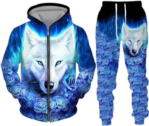 Hiegi Wolf Jogginganzug Herren Kapuzenpullover Set - Sportanzug Mit 3D Kapuzenpullover + Jogginghose Männer Sweatshirt Hose (F-Wolf 2,XL) von hiegi