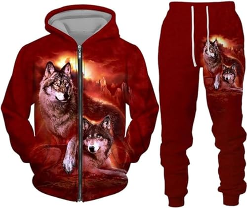 hiegi Wolf Jogginganzug Sportanzug Herren Kapuzenpullover Set 3D Wolf Kapuzenpullover + Jogginghose Männer Sweatshirt Hose (F-Wolf 3,2XL) von hiegi