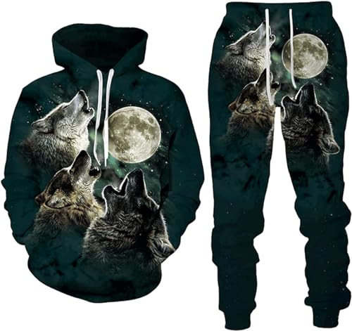 hiegi Wolf Jogginganzug Sportanzug Herren Kapuzenpullover Set 3D Wolf Kapuzenpullover + Jogginghose Männer Sweatshirt Hose (F-Wolf 3,XL) von hiegi