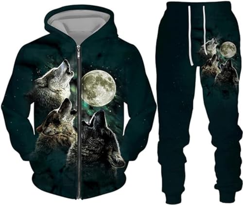 hiegi Wolf Jogginganzug Sportanzug Herren Kapuzenpullover Set 3D Wolf Kapuzenpullover + Jogginghose Männer Sweatshirt Hose (F-Wolf 7,M) von hiegi