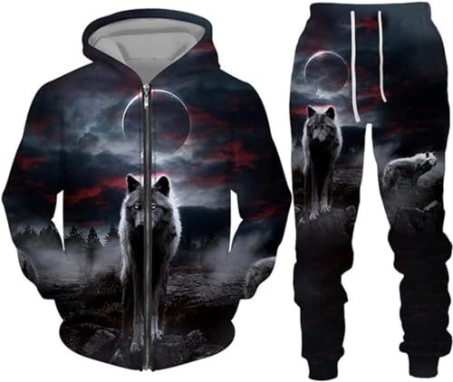 hiegi Wolf Jogginganzug Sportanzug Herren Kapuzenpullover Set 3D Wolf Kapuzenpullover + Jogginghose Männer Sweatshirt Hose (FWolf-5,XL) von hiegi