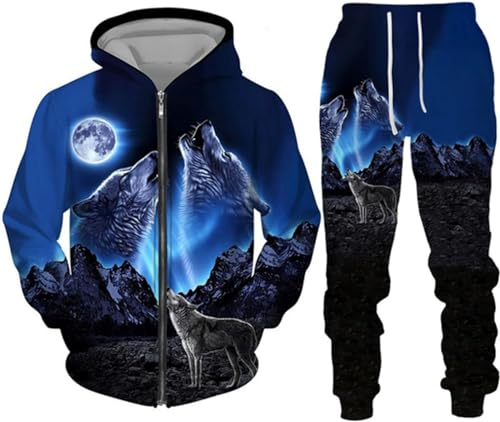 hiegi Christmas Wolf Jogginganzug Sportanzug Herren Kapuzenpullover Set 3D Wolf Kapuzenpullover + Jogginghose Männer Sweatshirt Hose (F Wolf-1,3XL) von hiegi
