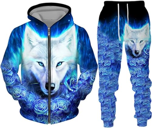 hiegi Christmas Wolf Jogginganzug Sportanzug Herren Kapuzenpullover Set 3D Wolf Kapuzenpullover + Jogginghose Männer Sweatshirt Hose (F Wolf-2,L) von hiegi