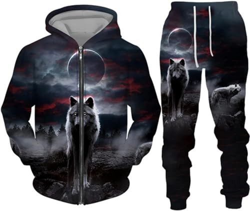 hiegi Christmas Wolf Jogginganzug Sportanzug Herren Kapuzenpullover Set 3D Wolf Kapuzenpullover + Jogginghose Männer Sweatshirt Hose (FWolf-5,4XL) von hiegi