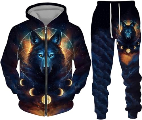 hiegi Christmas Wolf Jogginganzug Sportanzug Herren Kapuzenpullover Set 3D Wolf Kapuzenpullover + Jogginghose Männer Sweatshirt Hose (FWolf-6,S) von hiegi