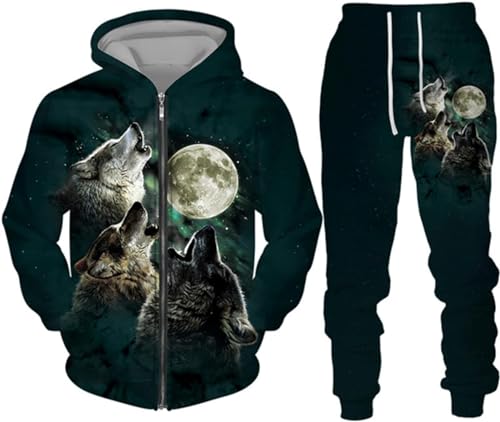 hiegi Christmas Wolf Jogginganzug Sportanzug Herren Kapuzenpullover Set 3D Wolf Kapuzenpullover + Jogginghose Männer Sweatshirt Hose (FWolf-7,5XL) von hiegi