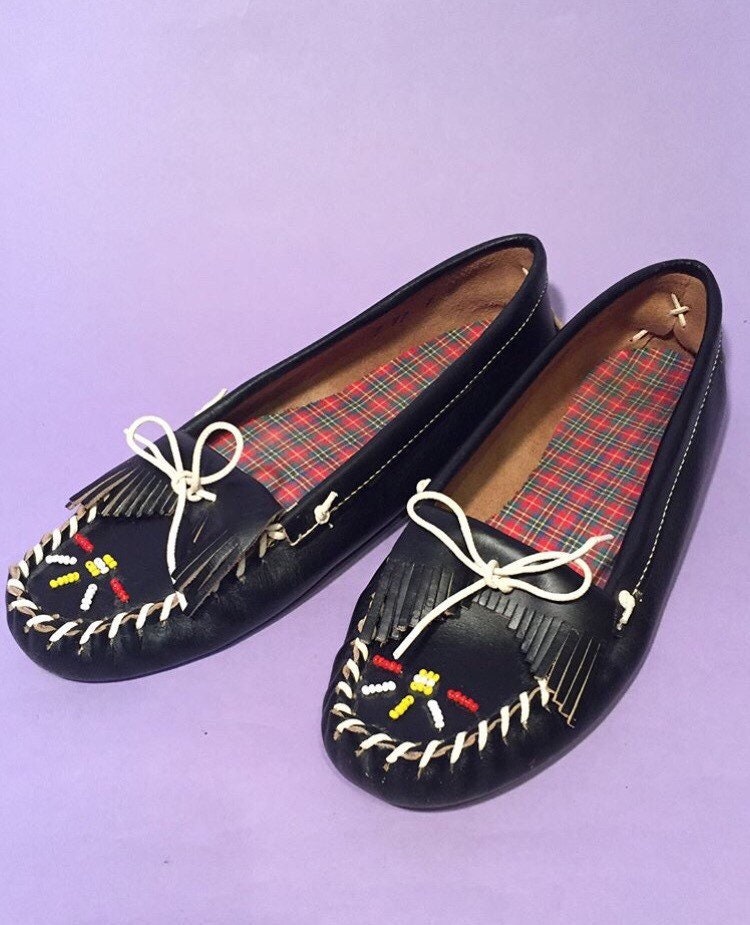 Soutwestern 1950Er Schwarzes Leder Perlen Mokassins von hifivintageshop