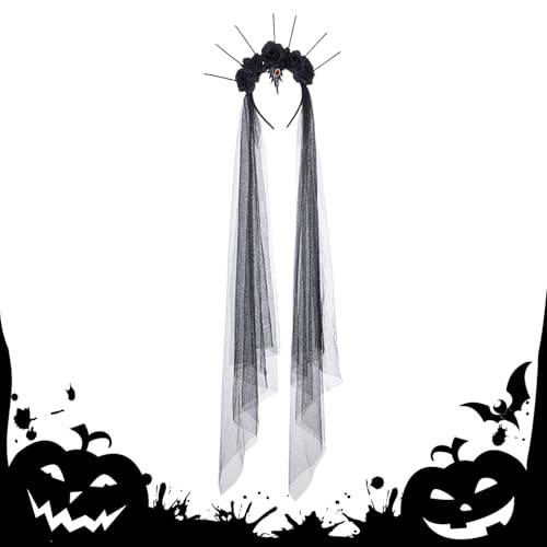 Halloween Schwarze Rosen Kränze | Schwarz Rose Krone Mit Schleier - Tag Der Blumenkranz Mit Schwarzen Rosen Für Karneval Cosplay Hochzeit Maskenbälle von higyee