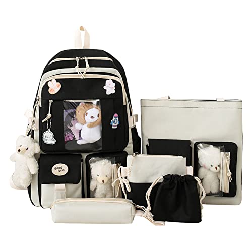 Niedlicher Schulrucksack | 5 Teile/Set Schulrucksack | Middle Student Schulranzen mit Stecknadeln und niedlichen Anhängern für Teenager Mädchen, Schwarz, 1 von higyee