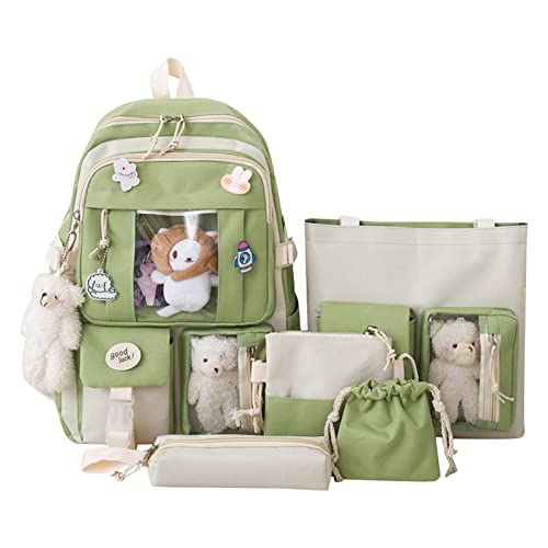 higyee Niedlicher Kawaii Schulrucksack | 5 Teile/Set Schulrucksack Segeltuch | Kawaii Middle Student Schulranzen mit Stecknadeln und niedlichen Anhängern für Teenager Mädchen, grün, 1 von higyee