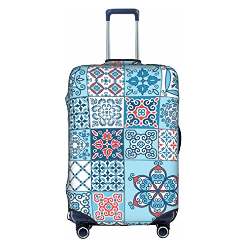 Reisegepäckhülle mit Reißverschluss, kratzfest, staubdicht, waschbar, elastisch, für Teenager, Jungen, Mädchen, Herren, Damen, S45,7 - 53,3 cm, Blau / Rot, Blau-Weiß mit roten Fliesen im von hihihihihihihihi
