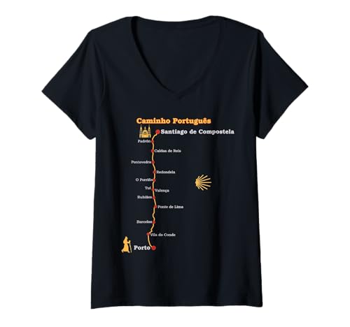 Damen Route Caminho Português de Santiago Etappen Camino Portugues T-Shirt mit V-Ausschnitt Damen Route Caminho Português de Santiago Etappen Camino Portugues T-Shirt mit V-Ausschnitt von hiking-and-camino-art