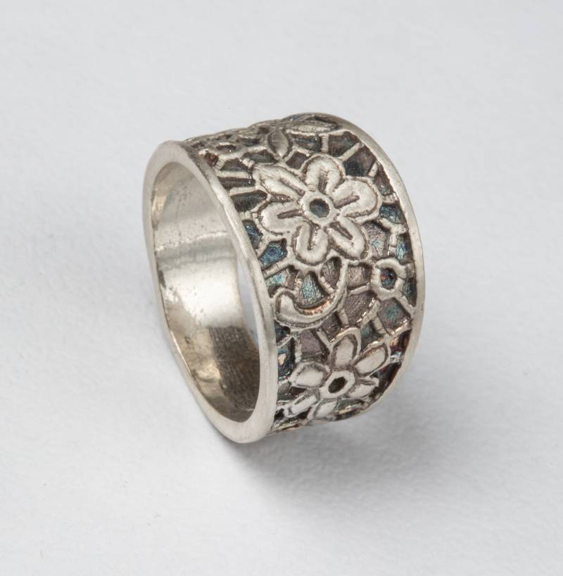 Boho Ring, Unikat Blumen Statement Breiter Ring Band, Sterling Silber Oxidierter Herren von hilawelner