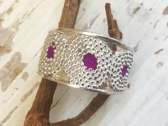 Chunky Ring, Statement Sterling Silber Hippie Rosa Boho Breite Band Granulation Ziel Schmuck von hilawelner