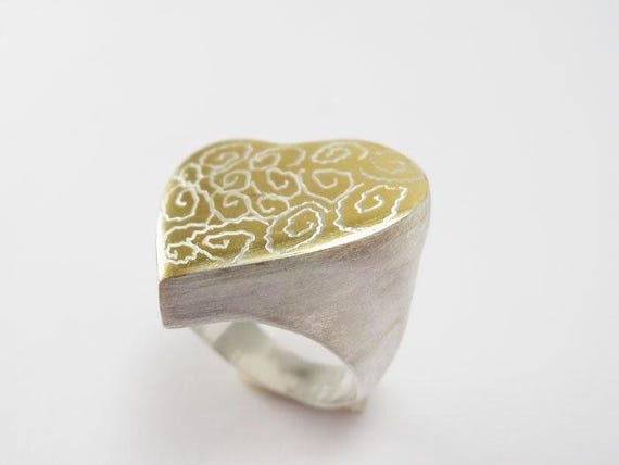 Chunky Silber Ring, Statement Herz Form Mode Spiralmuster, Einzigartiges Geschenk Für Sie von hilawelner