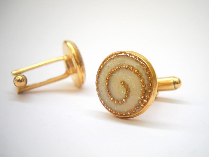 Gold Manschettenknöpfe Manschettenknöpfe, Gold Zubehör Für Männer, - Goldene Weiß Punkte Spirale, Geschenk Ihn von hilawelner