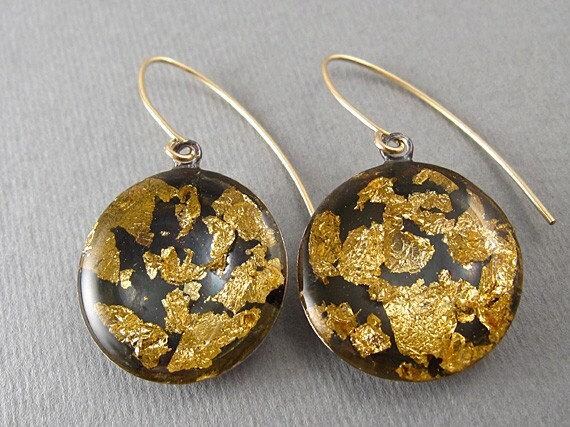 Handgemachte Schwarze Gold Threader Ohrringe, Boho Damen Statement Runde Zierlicher Epoxidharz Schmuck, Geschenk Für Sie von hilawelner