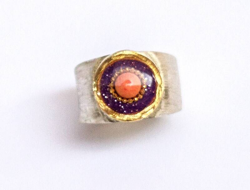 Silber Statement Ring, Orange Koralle Lila Emaille Chunkey Einzigartige Boho Ring Für Frau, Hippie-Ring, Boho-Ring von hilawelner