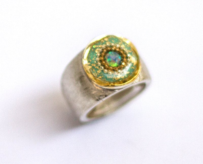 Silber Statement Ring, Türkis Opal Mint Grün Enemal Chunkey Unikat Boho Breiter Harz Schmuck von hilawelner