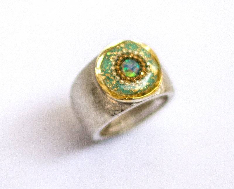 Silber Statement Ring, Türkis Opal Mint Grün Enemal Chunkey Unikat Boho Breiter Harz Schmuck von hilawelner