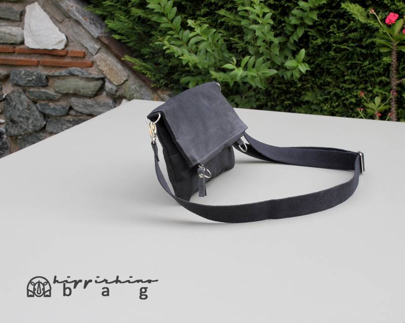 Schwarz Gewachste Foldover Einkaufstasche Crossbody Kleine Tasche Messenger Fold Over Mutter Tochter Mädchen Top Reißverschluss Schultertasche von hippirhino