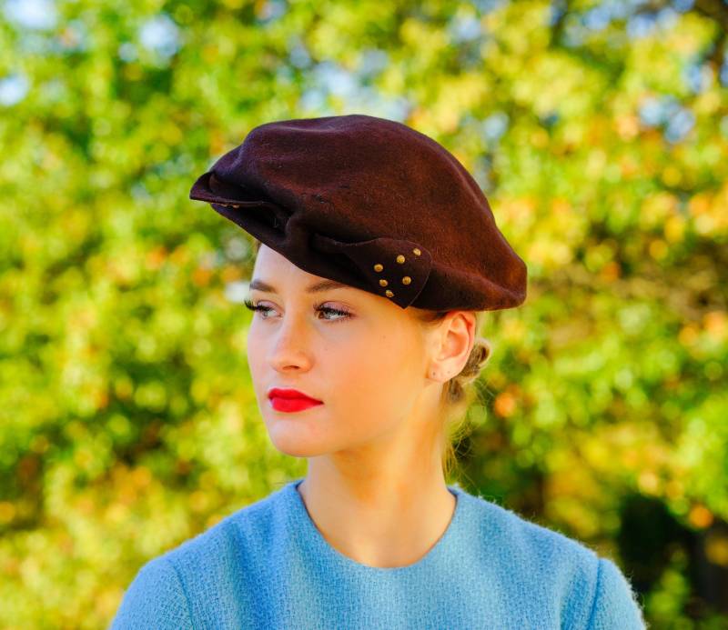 Gefilzte Wolle Tam Hut, Vintage Baskenmütze 1940Er Jahre Kirchenhut, Wintermütze, Cocktailhut Gefilzte Wolle Tam Hut, Vintage Baskenmütze 1940Er Jahre Kirchenhut, Wintermütze, Cocktailhut von hisandhervintage