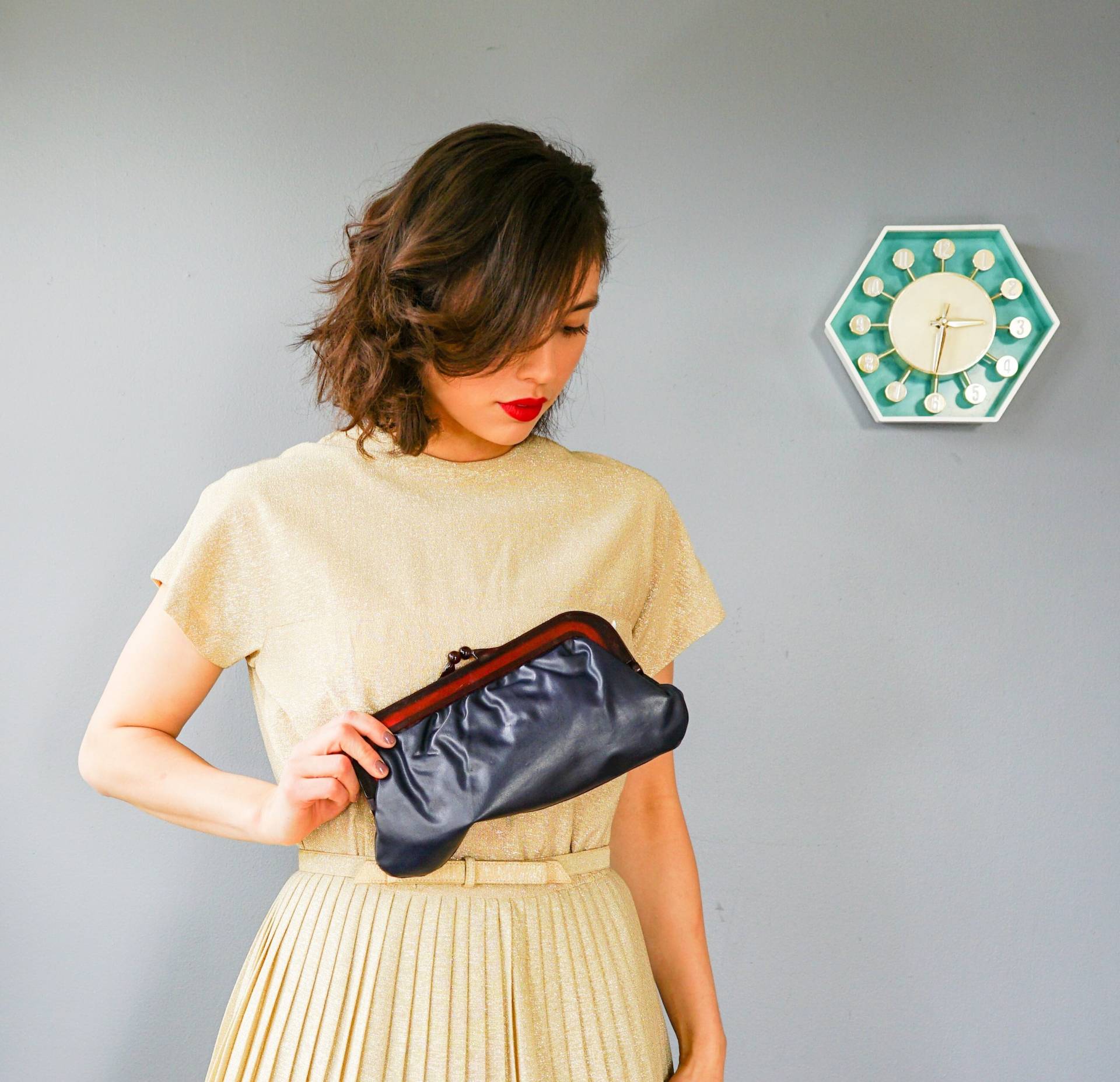 Vintage Kunstleder Clutch Mit Plastikrahmen/ Handtasche/ Kosmetiktasche/ Frauentasche/ Abendtaschen/ Handtasche von hisandhervintage