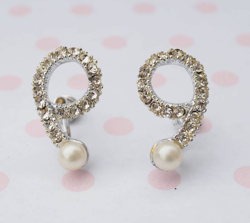 Vintage Ohrringe Mit Strass Und Künstlichen Perlen/ Ohrring/ Schmuck/ Ohrringe/ 1950Er Jahre Antiker Schmuck von hisandhervintage