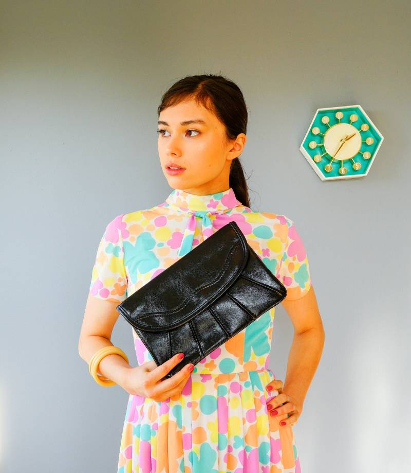 Vintage Schwarze Leder Umschlag Clutch/ 1970Er-1980Er Jahre Geldbörse/ Handtasche/ Damentasche/ Abendtaschen/ Cocktailtasche von hisandhervintage