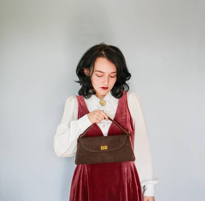 Vintage Ureinwohner Wildleder Tasche Mit Umschlag/Geldbörse 1950Er Jahre Handtasche Frauen Retro Mcm Taschenbuch von hisandhervintage