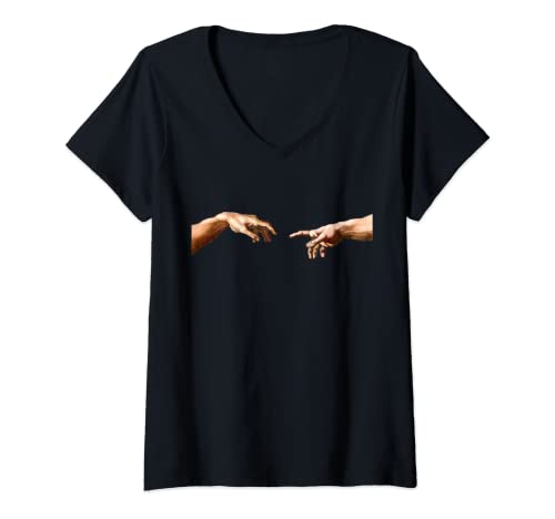 Damen Michelangelo Sixtinische Adam Hand Finger Kapelle Papst T-Shirt mit V-Ausschnitt Damen Michelangelo Sixtinische Adam Hand Finger Kapelle Papst T-Shirt mit V-Ausschnitt von histoire drôle et grandes peintures historiques