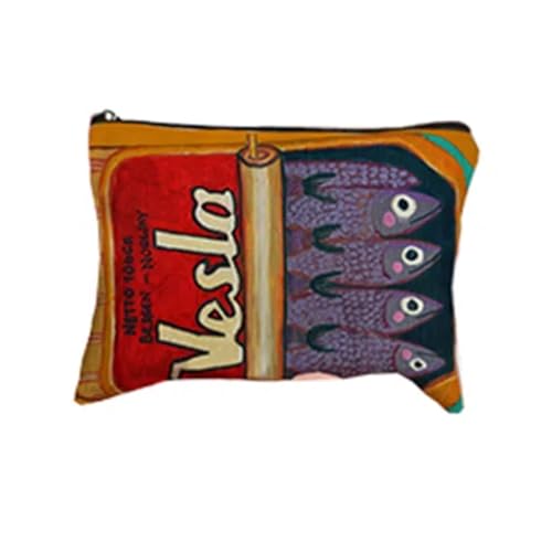 Vintage Canvas Kosmetik Tasche, einfache Make-up-Clutch mit großer Kapazität für Frauen, Retro-Sardinen und Olivenöl Design, Reisetasche von hiwhale