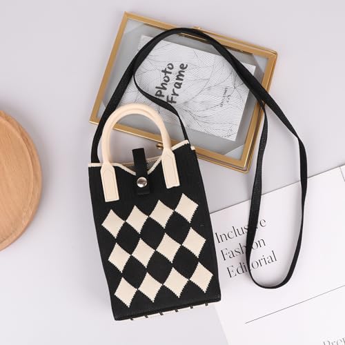 hiwhale Modische Karierte Handy tasche Damen Crossbody Mini-Tasche kleine niedliche leichte vier Jahreszeiten Handtasche Stricktaschen von hiwhale