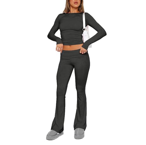 hixswnu Damen 2 Stück Lounge Sets Fold-Over Flare Hosen Set Langarm Cropped Top Casual Outfits Pyjamas,Schwarz,L von hixswnu