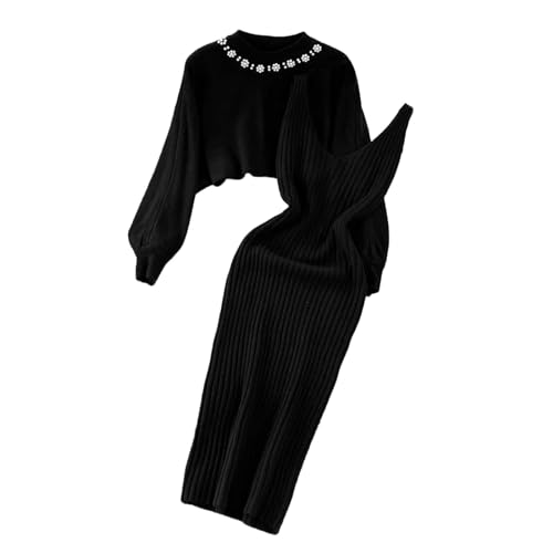 Hjinlinw Rippenstrick Kleid Damen, Bodycon 2 Teiliges Sweater Minikleid, Zweiteiliger Anzug Pullover, Winterkleid Elegant Hohe Elastizität, Strickkleid Damen Herbst Lang von hjinlinw