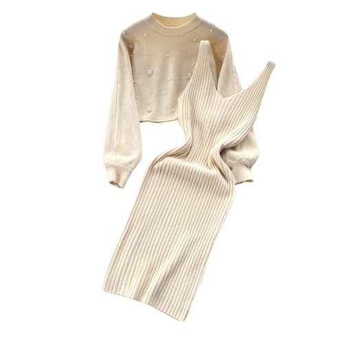 hjinlinw Rippenstrick Kleid Damen,Bodycon 2 Teiliges Sweater Strickkleid Minikleid,Strickkleid Zweiteiliger Anzug Pullover,Winterkleid Elegant Hohe Elastizität,Strickkleid Damen Herbst Lang von hjinlinw