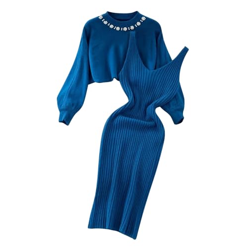 Hjinlinw Rippenstrick Kleid Damen, Bodycon 2 Teiliges Sweater Minikleid, Zweiteiliger Anzug Pullover, Winterkleid Elegant Hohe Elastizität, Strickkleid Damen Herbst Lang von hjinlinw