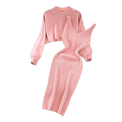 hjinlinw Rippenstrick Kleid Damen,Bodycon 2 Teiliges Sweater Strickkleid Minikleid,Strickkleid Zweiteiliger Anzug Pullover,Winterkleid Elegant Hohe Elastizität,Strickkleid Damen Herbst Lang von hjinlinw