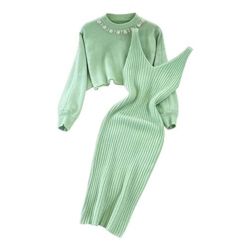 hjinlinw Rippenstrick Kleid Damen,Bodycon 2 Teiliges Sweater Strickkleid Minikleid,Strickkleid Zweiteiliger Anzug Pullover,Winterkleid Elegant Hohe Elastizität,Strickkleid Damen Herbst Lang von hjinlinw