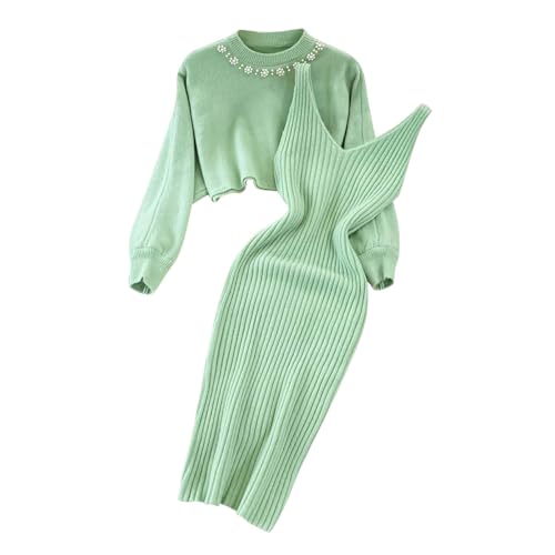 Hjinlinw Rippenstrick Kleid Damen - Bodycon 2 Teiliges Sweater Strickkleid Minikleid, Zweiteiliger Anzug Pullover, Winterkleid Elegant Hohe Elastizität, Herbst Lang von hjinlinw