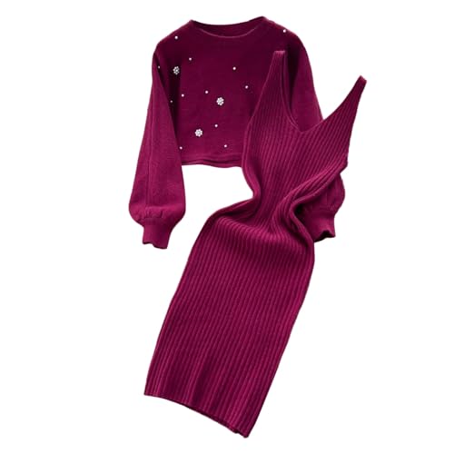 Hjinlinw Rippenstrick Kleid Damen - Bodycon 2 Teiliges Sweater Strickkleid Mini, Zweiteiliger Anzug Pullover, Winterkleid Elegant Hohe Elastizität, Herbst Lang von hjinlinw