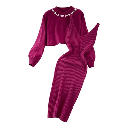 Hjinlinw Rippenstrick Kleid Damen, Bodycon 2 Teiliges Sweater Minikleid, Zweiteiliger Anzug Pullover, Winterkleid Elegant Hohe Elastizität, Strickkleid Damen Herbst Lang von hjinlinw