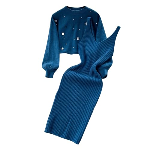 hjinlinw Rippenstrick Kleid Damen,Bodycon 2 Teiliges Sweater Strickkleid Minikleid,Strickkleid Zweiteiliger Anzug Pullover,Winterkleid Elegant Hohe Elastizität,Strickkleid Damen Herbst Lang von hjinlinw